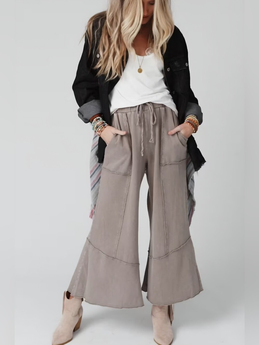 Three Bird Nest Taupe Wide-Leg Drawstring Pants
